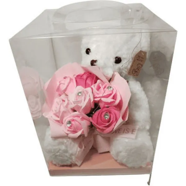Λούτρινο αρκουδάκι πριγκίπισσα με μπουκέτο ροζ τριαντάφυλλλα σε κουτί 84734 λευκό 28εκ