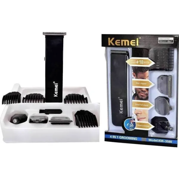 Σετ Επαναφορτιζόμενης Κουρευτικής Μηχανής 4 σε 1 Kemei KM-3580 Μαύρο