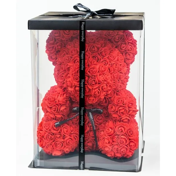 Αρκουδάκι από κόκκινα τεχνητά τριαντάφυλλα με φιογκάκι  σε συσκευασία δώρου, 33εκ. 0227-1