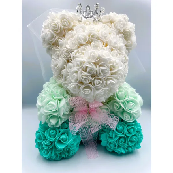 Αρκουδάκι Mohicans από τεχνητά τριαντάφυλλα Love Bear τρίχρωμο με κορώνα 25cm 0988-6-1 Μέντα