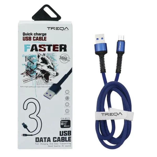 Καλώδιο Γρήγορης Φόρτισης και Μεταφοράς Δεδομένων 3m USB 3.1A σε Micro USB Treqa CA-8571 Μπλε-Μαύρο