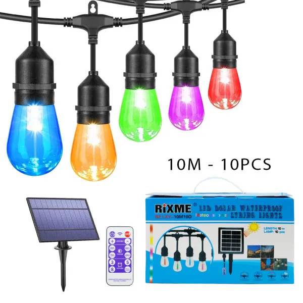 Αδιάβροχη Ηλιακή Γιρλάντα Φωτισμού 10m με 10 Λάμπες E27 RGB και Τηλεκοντρόλ Rixme RZ-0132