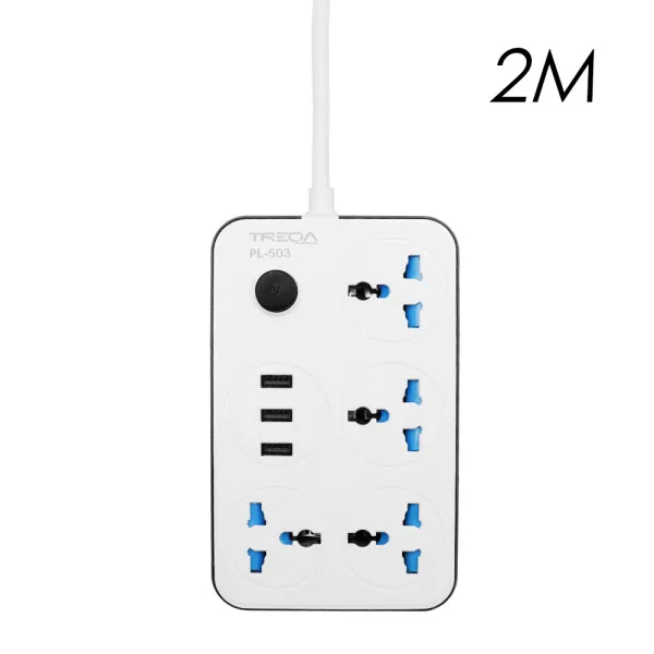 Πολύπριζο Ασφαλείας 4 Θέσεων EU/UK/US/CN με Διακόπτη, 3 Θύρες USB και Καλώδιο 2m 3000W Treqa PL-503-2M Λευκό