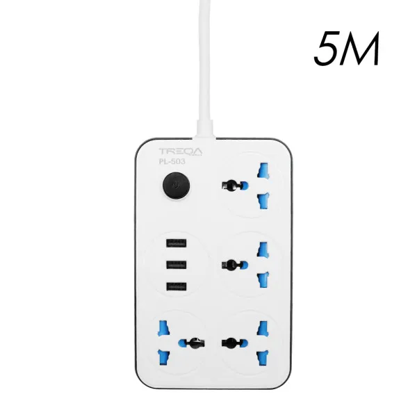 Πολύπριζο Ασφαλείας 4 Θέσεων EU/UK/US/CN με Διακόπτη, 3 Θύρες USB και Καλώδιο 5m 3000W Treqa PL-503-5M Λευκό