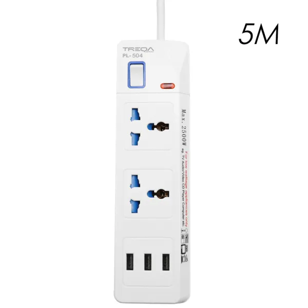 Πολύπριζο Ασφαλείας 2 Θέσεων EU/UK/US/CN με Διακόπτη, 3 Θύρες USB και Καλώδιο 5m 2500W Treqa PL-504-5M Λευκό