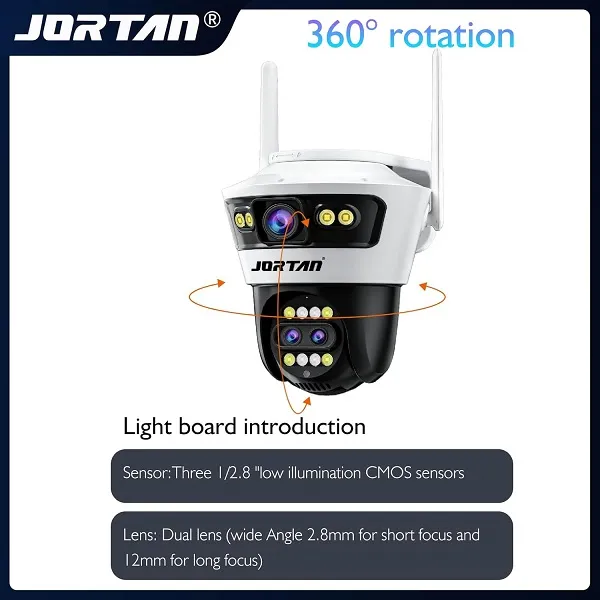 Κάμερα JORTAN 9MP Wifi, εξωτερική οθόνη 3 αισθητήρων με υβριδικό ζουμ 8x, διεπαφή Ethernet RJ45, λειτουργία έξυπνου συναγερμού, ανίχνευση κίνησης AI, έγχρωμη νυχτερινή όραση και ήχος 2 δρόμων JORTAN5PRO