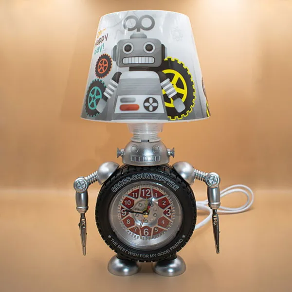 Παιδικό Επιτραπέζιο Φωτιστικό - Πορτατίφ με Ρολόι και Σχέδιο Ρομπότ 15353 Γκρι