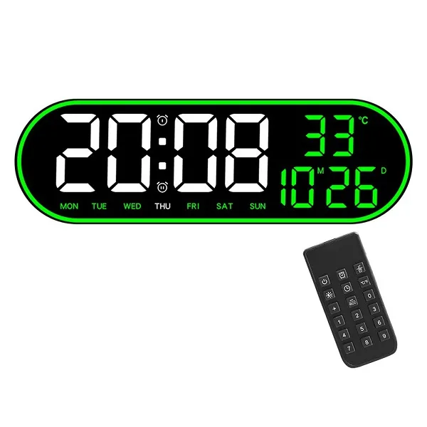 Μεγάλο ψηφιακό ρολόι τοίχου LED 38cm x 3cm x 12cm με ένδειξη θερμοκρασίας, ημερομηνίας, φωτισμό περιβάλλοντος, διπλό ξυπνητήρι τηλεχειριστήριο και καλώδιο 3 μέτρων 16961-8021 Μαύρο περίβλημα, Πράσινα-Λευκά ψηφία