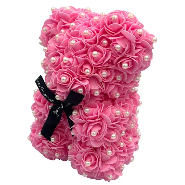 Αρκουδάκι από Τεχνητά Τριαντάφυλλα με πέρλες σε Συσκευασία Δώρου 25cm 82598 Ροζ