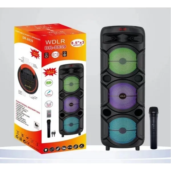 Ασύρματο τριπλό ηχείο Karaoke Partybox Bluetooth, ηχείο subwoofer 25W 3x8.5" με ασύρματο μικρόφωνο, τηλεχειριστήριο και RGB φωτισμό DR-8839