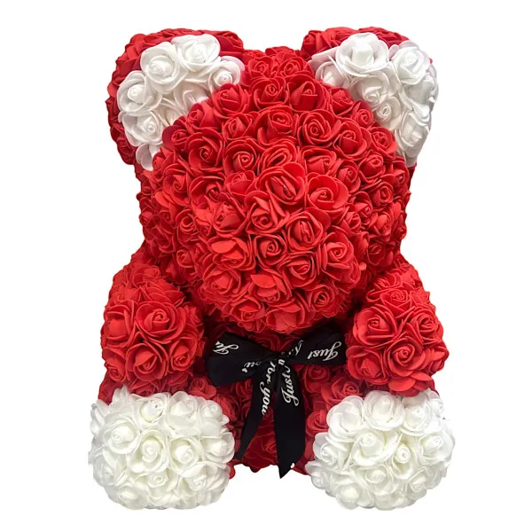 Αρκουδάκι Mohicans από τεχνητά τριαντάφυλλα Love Bear  με άσπρες πατούσες και αυτάκια 40cm 98194-1 Κόκκινο