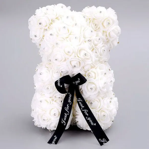 Αρκουδάκι από Τεχνητά Τριαντάφυλλα με στρασάκια σε Συσκευασία Δώρου 25cm 98197 Λευκό