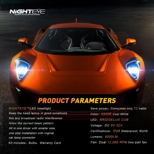 Nighteye A315-S2 LED Headlights DC 9V-32V Pair 6500K Cool White 9000LM / LED Headlights IP68 Waterproof High Low Beam - H7
