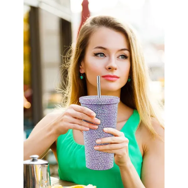 Ποτήρι θερμός με μεταλλικό καλαμάκι και στρας 500ml QH-009 Μπλε