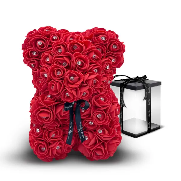 Αρκουδάκι από Τεχνητά Τριαντάφυλλα με στρασάκια σε Συσκευασία Δώρου 25cm 98197 κόκκινο