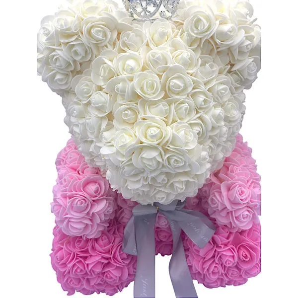 Αρκουδάκι Mohicans από τεχνητά τριαντάφυλλα Love Bear τρίχρωμο με κορώνα 40cm 0988-5 Ροζ