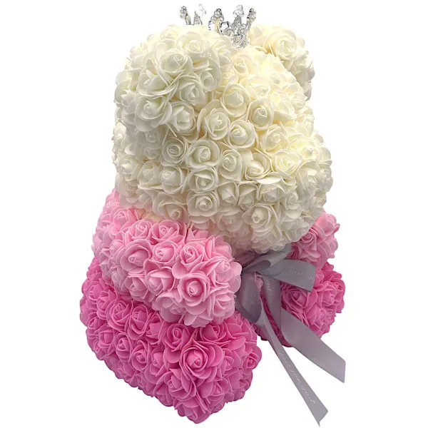 Αρκουδάκι Mohicans από τεχνητά τριαντάφυλλα Love Bear τρίχρωμο με κορώνα 40cm 0988-5 Ροζ