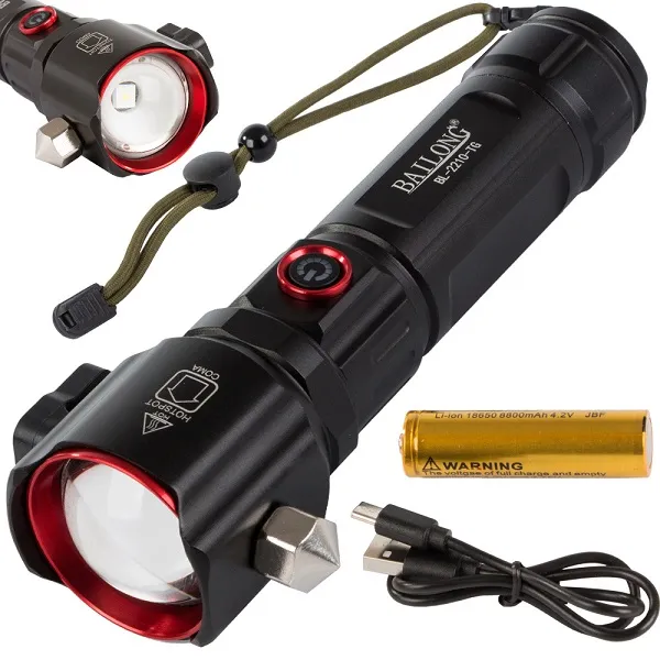 Στρατιωτικός φακός πολλαπλών λειτουργιών Λειτουργία ζουμ και Σφυρί για θραύση γυαλιού BL-2210-TG Μαύρος