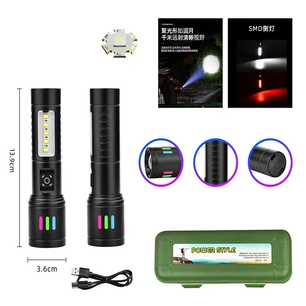 LED Επαναφορτιζόμενος Φακός COB με Πλαϊνό φακό LED Λευκού και κόκκινου φωτισμού 6 ρυθμίσεων φωτισμού BL-625-TG