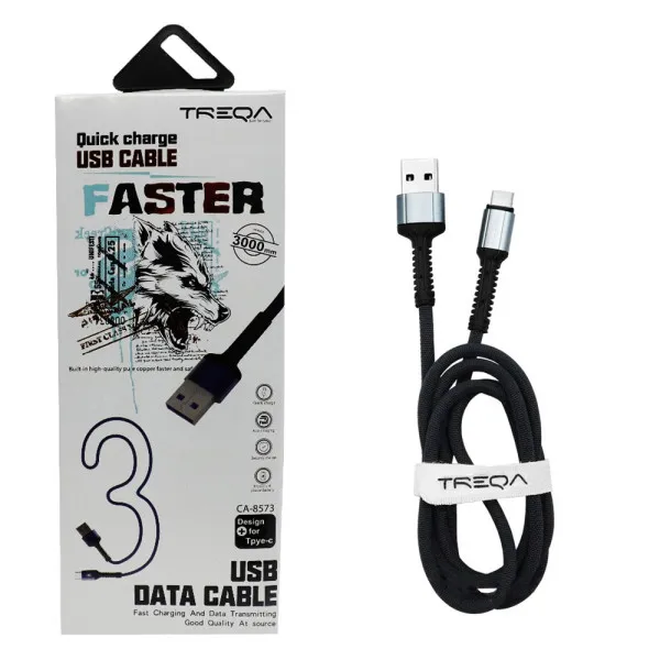 Καλώδιο Γρήγορης Φόρτισης και Μεταφοράς Δεδομένων 3m USB 3.1A σε Type-c Treqa CA-8573-S Ασημί - Μπλε