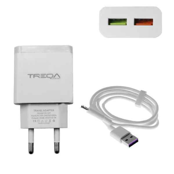 Φορτιστής Ταχείας Φόρτισης με 2 Θύρες USB 3.1A και Καλώδιο USB Type-C 1m Treqa CH-631-TC Λευκό