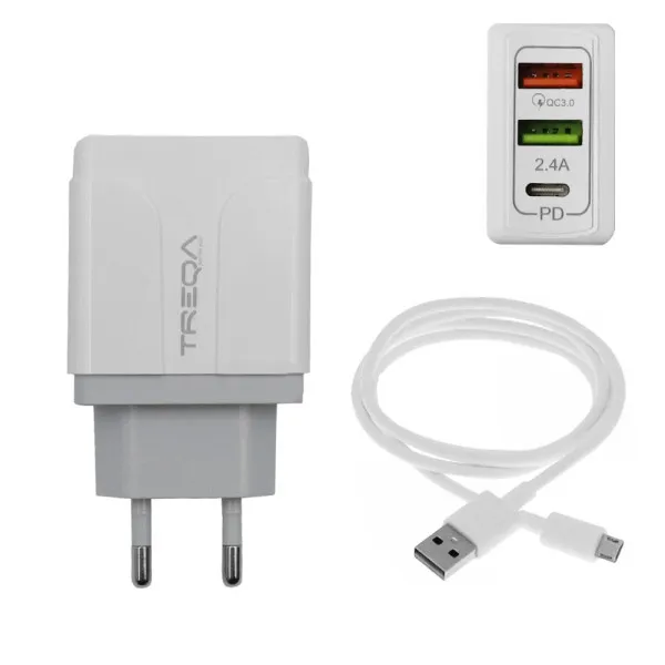 Φορτιστής Ταχείας Φόρτισης με 2 Θύρες USB 5.4A, 1 θύρα USB-C PD 38W και Καλώδιο Micro USB 1m Treqa CH-640-M Λευκό