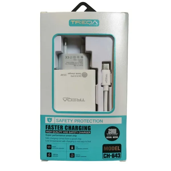 Φορτιστής ταχείας φόρτισης με Θύρα USB-A και Θύρα USB-C και Καλώδιο TYPE-C 35W Λευκός CH-643-TYPEC