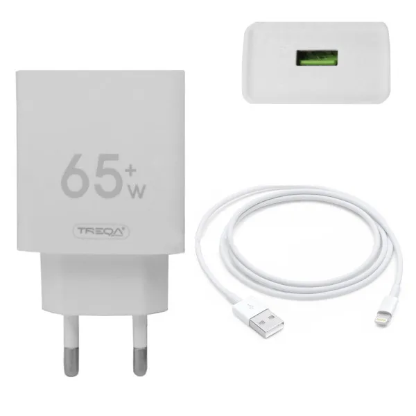 Φορτιστής Ταχείας Φόρτισης με 1 Θύρα USB 4.5A 65W και Καλώδιο Lightning 1m Treqa CS-228 Λευκό