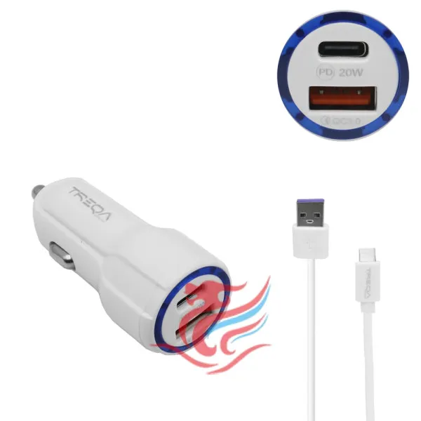 Φορτιστής Αναπτήρα Αυτοκινήτου Ταχείας Φόρτισης 12V - 24V με 2 Θύρες USB-A 3.1Α και Καλώδιο Type-c 1m Treqa CS-233-W Λευκό