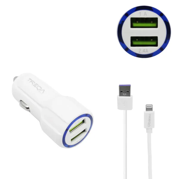 Φορτιστής Αναπτήρα Αυτοκινήτου Ταχείας Φόρτισης 12V - 24V με 2 Θύρες USB-A 3.1Α και Καλώδιο Lightning 1m Treqa CS-234W Λευκό