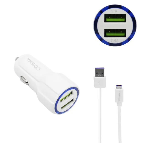 Φορτιστής Αναπτήρα Αυτοκινήτου Ταχείας Φόρτισης 12V - 24V με 2 Θύρες USB-A 3.1Α και Καλώδιο Micro USB 1m Treqa CS-234-W Λευκό