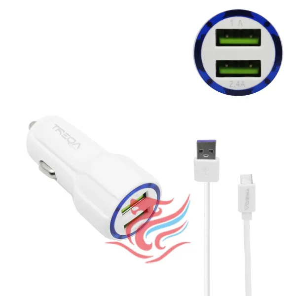 Φορτιστής Αναπτήρα Αυτοκινήτου Ταχείας Φόρτισης 12V - 24V με 2 Θύρες USB-A 3.1Α και Καλώδιο Type-c 1m Treqa CS-234WH Λευκό