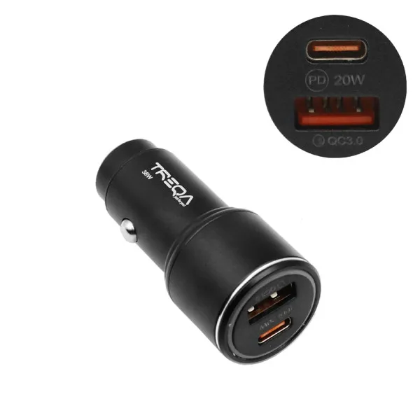 Φορτιστής Αναπτήρα Αυτοκινήτου Ταχείας Φόρτισης 38W 12V - 24V με 1 Θύρα USB-A και 1 Θύρα PD Type-C Treqa CS-322 Μαύρο