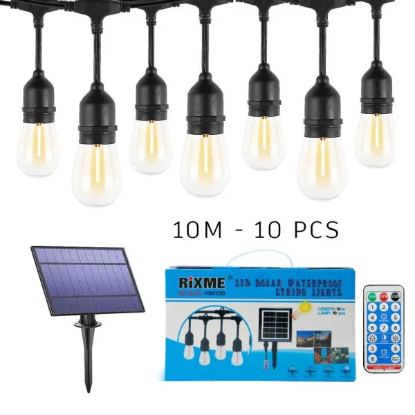 Αδιάβροχη Ηλιακή Γιρλάντα Φωτισμού 10m με 10 Λάμπες σε Θερμό Λευκό Φωτισμό και Τηλεκοντρόλ Rixme RZ-0133
