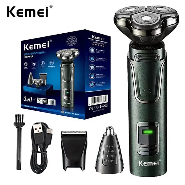 Επαναφορτιζόμενη Ξυριστική Μηχανή με 3 Κεφαλές Kemei KM-2808 Μαύρο