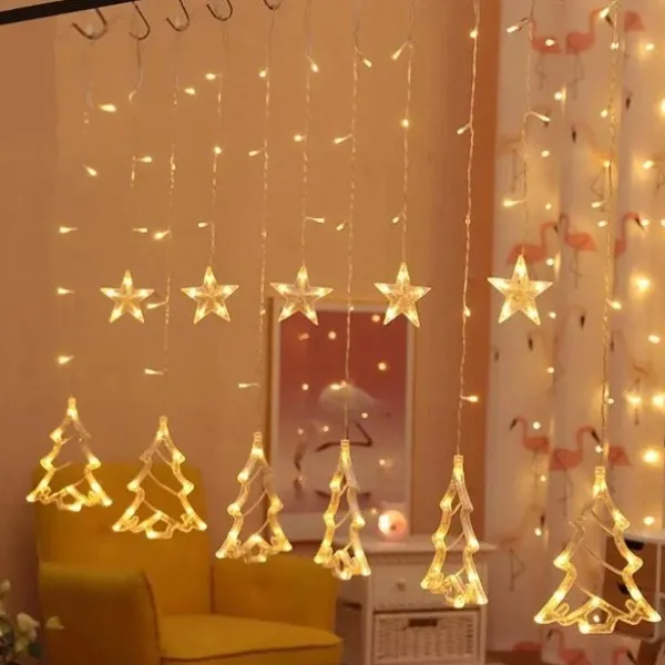 Χριστουγεννιάτικα Φωτάκια 3.6x0.8m Κουρτίνα Αστέρια Δέντρα BX-012 Θερμό Χρώμα