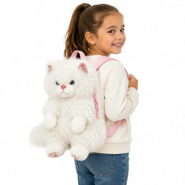 Λούτρινη Backpack Γάτα φουντοτή με ήχο 50cm 10636-2 Λευκό