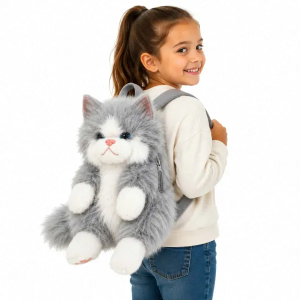 Λούτρινη Backpack Γάτα φουντοτή με ήχο 50cm 10636-3 Γκρι