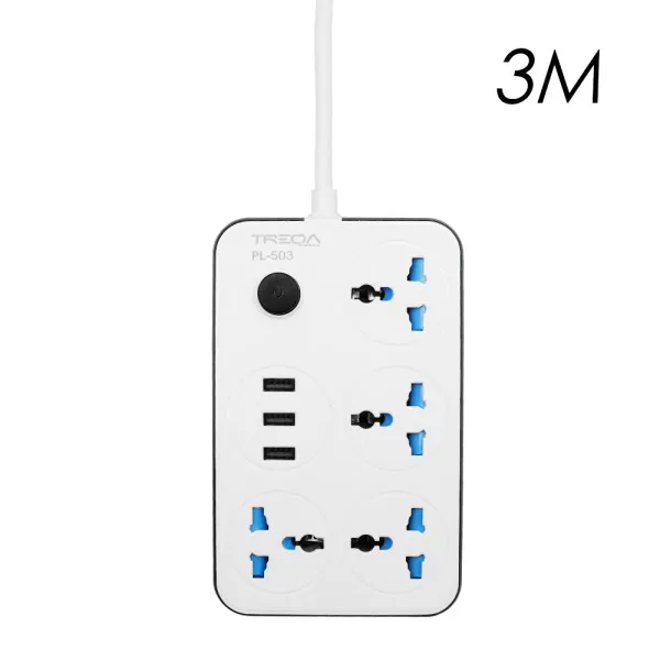 Πολύπριζο Ασφαλείας 4 Θέσεων EU/UK/US/CN με Διακόπτη, 3 Θύρες USB και Καλώδιο 3m 3000W Treqa PL-503-3M Λευκό