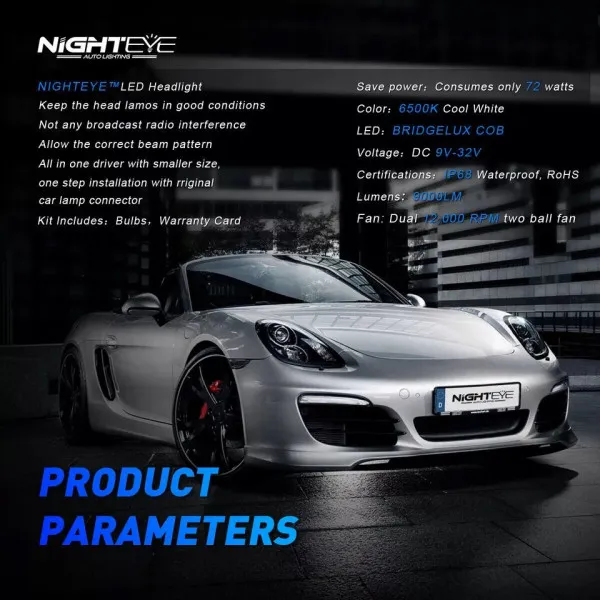 Nighteye LED Headlights A315-S2-9006 72V Pair 6500K Cool White 9000LM / LED Headlights IP68 Waterproof High Low Beam - 9006