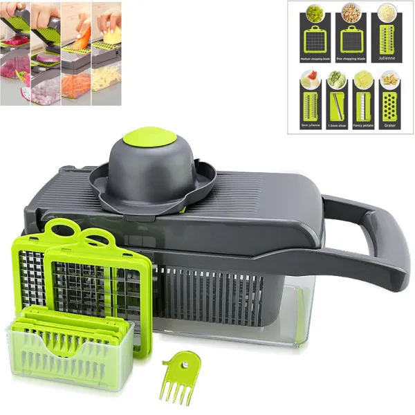 Πολυκόπτης Λαχανικών Πλαστικός Χειροκίνητος με Δοχείο 14τμχ