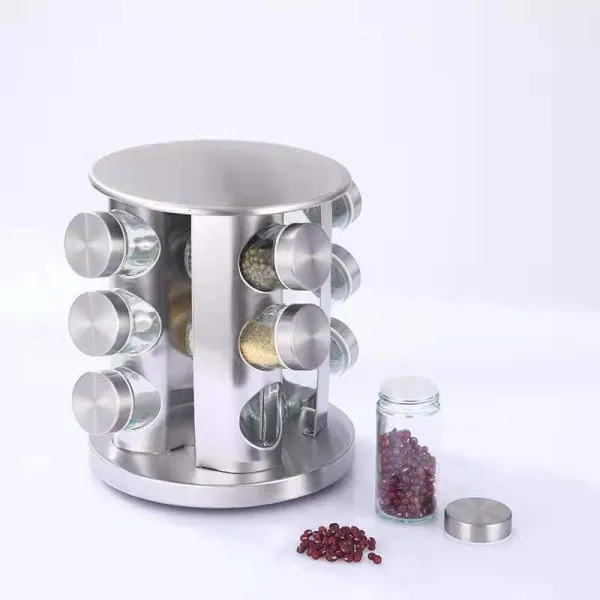 Περιστρεφόμενη Βάση Κουζίνας με Θήκες Μπαχαρικών Γυάλινες Ασημί 12τμχ