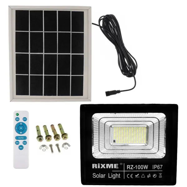 Led Αδιάβροχος Ηλιακός Προβολέας 100W 12480LM με Πάνελ και Τηλεχειριστήριο Rixme RZ-100W