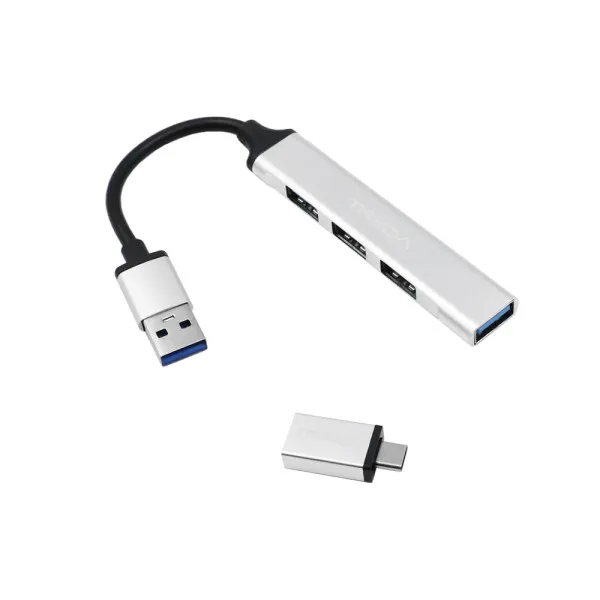 USB Hub 3.0 με 4 Θύρες USB-A και Αντάπτορα Type-C Treqa USB-3 Ασημί