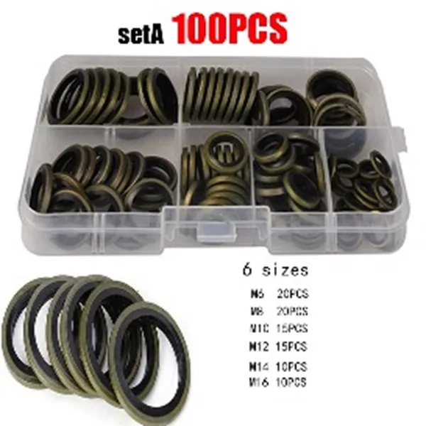 Σετ Ροδέλες τάπας λαδιού μεταλλική με καουτσούκ σε 6 διαφορετικά μεγέθη 100 τεμαχίων σε κασετίνα W15912