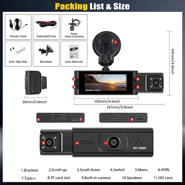 Οθόνη καταγραφής WIFI 3,16 ιντσών αυτοκινήτου 3 καναλιών με εμπρός, πίσω εσωτερική και οπισθοπορείας κάμερα, G-sensor XDG66