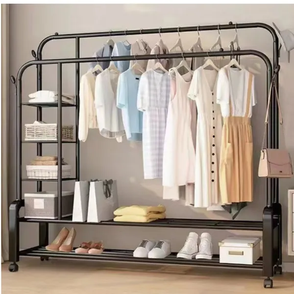 Μεταλλική Διπλή Τροχηλάτη Κρεμάστρα - Καλόγερος - Παπουτσοθήκη Δαπέδου με 2 Ράφια και Βάρος Αντοχής έως 58 Kg 160x110x55cm YP-618 Μαύρο χρώμα