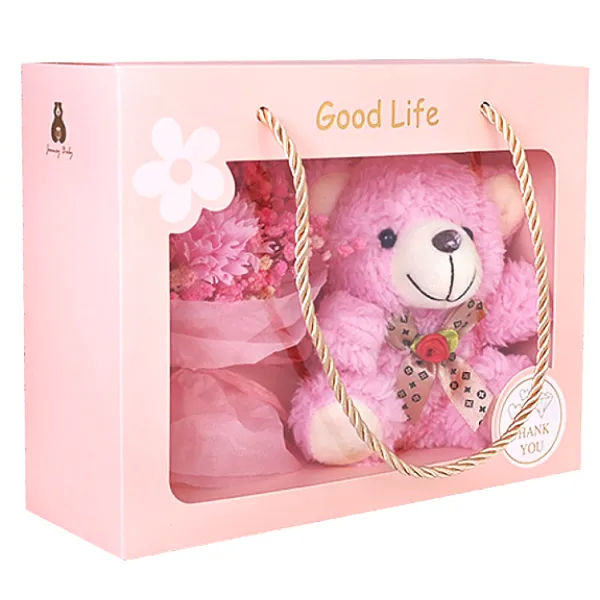 Κουτί Δώρου με Τεχνητό Τριαντάφυλλο και Αρκουδάκι 3084 Ρόζ
