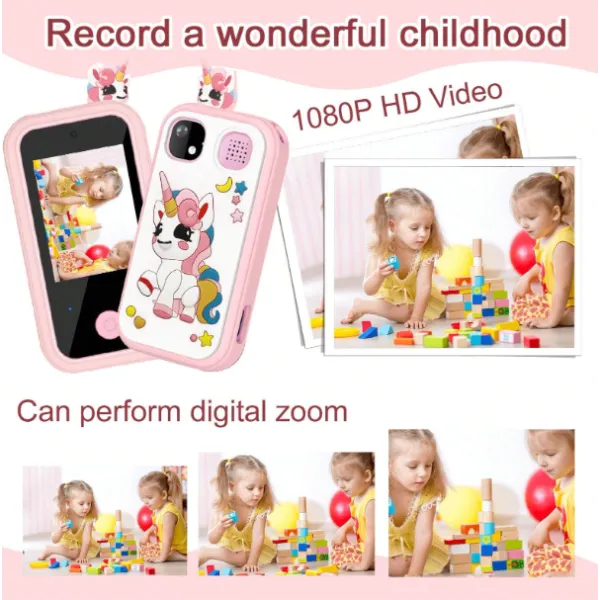 Παιδικό έξυπνο τηλέφωνο οθόνη αφής HD διπλής κάμερας Unicorn ψηφιακή βιντεοκάμερα HD με προστατευτικό Unicorn κάλυμμα σιλικόνης +6  B01-UNI Μωβ